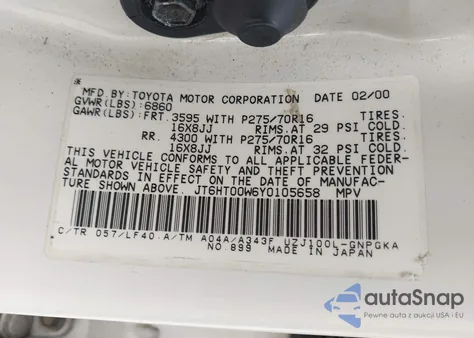 2000 Lexus Lx 470 из США, поврежденный, VIN JT6HT00W6Y0105658